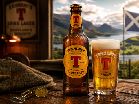 Tennent's 1885 Lager Bier im Glas und Flasche