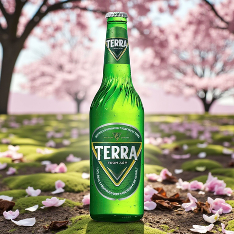 Terra Beer 330 ml Einzelflasche vor Kirschblüten-Hintergrund