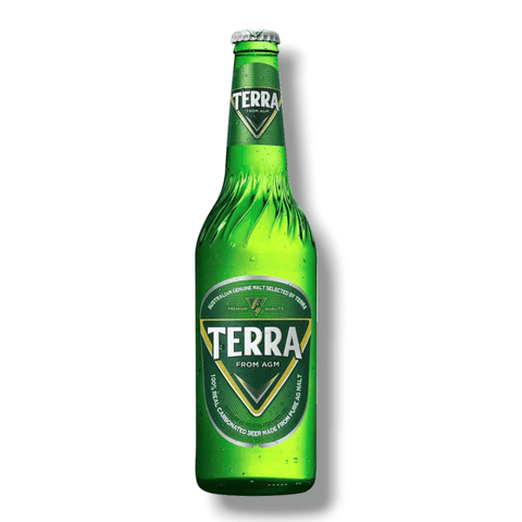 Freigestellte Einzelflasche Terra Bier 330ml auf weißem Hintergrund – südkoreanisches Premium-Lagerbier
