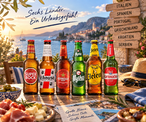 Südeuropa Bierpaket mit sechs Urlaubsbieren aus Italien Spanien Portugal Griechenland Kroatien und Serbien