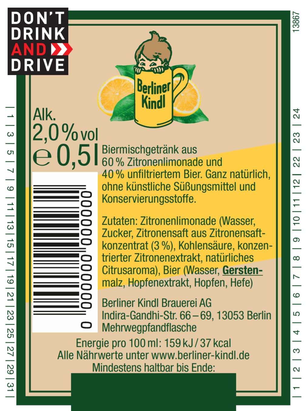 Berliner Kindl Natur Radler Zitrone 0,5l- Radler mit 60% Zitronenlimonade und 2% Vol.