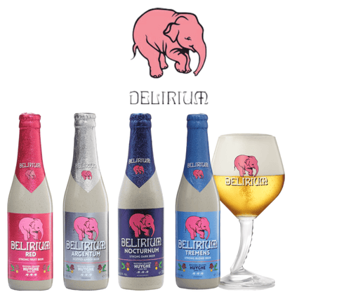 Delirium Bier Mixpaket mit Red, Argentum, Nocturnum und Tremens 0,3 l inklusive Originalglas auf weißem Hintergrund – belgisches Stark- und Fruchtbier